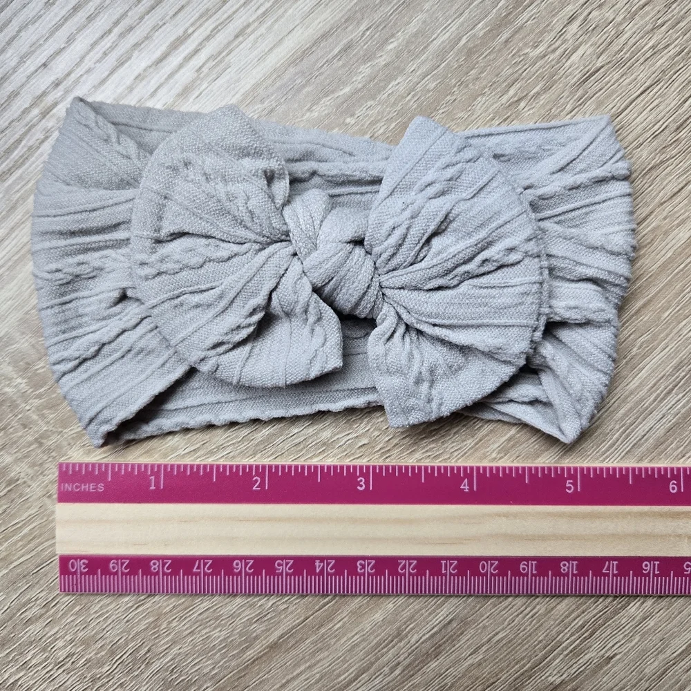 Cable Knit Baby Girl Headband Large Bow Light Gray Elastic Newborn Head Wrap
